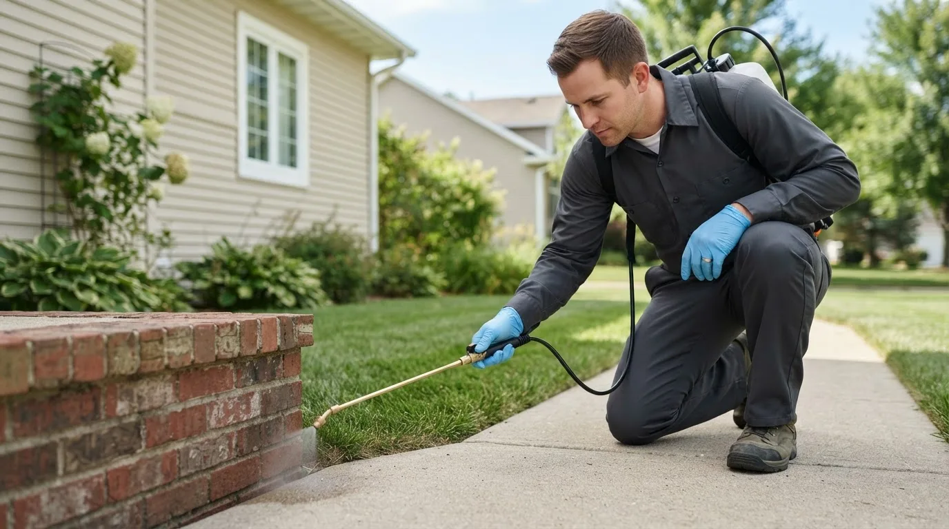 Pest control technician treating a home near Eden Prairie, MN